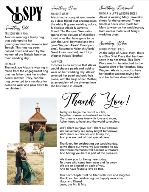 Wedding program page with thank you message and vintage chapel photo.
