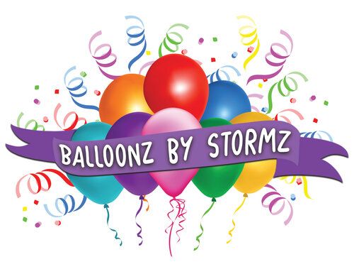 Festive logo design with colorful balloons and purple banner reading 'Balloonz by Stormz'.