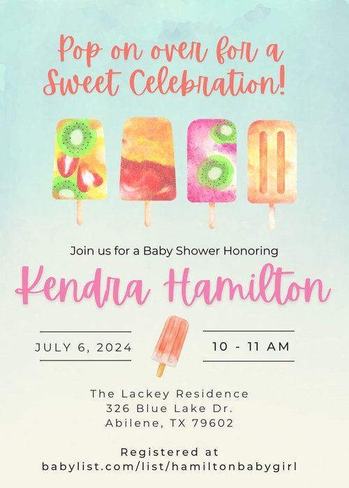 Watercolor popsicle themed baby shower invitation in coral and mint green colors.