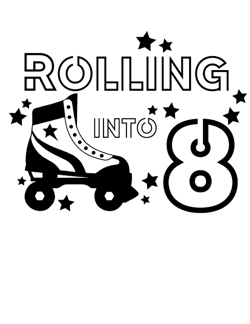 Black and white logo design featuring roller skate and stars with text 'Rolling into 8'.
