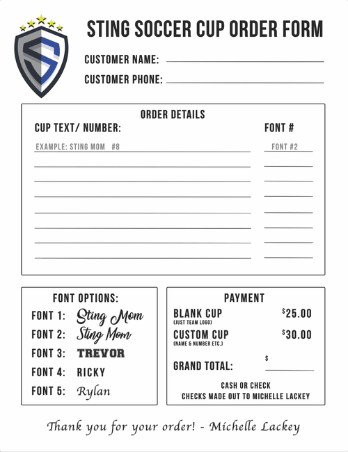 Order form template for Sting Soccer Cup with font options and pricing details.