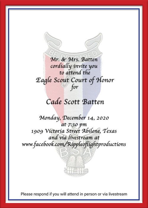 Formal Eagle Scout Court of Honor invitation with red border and eagle emblem design.