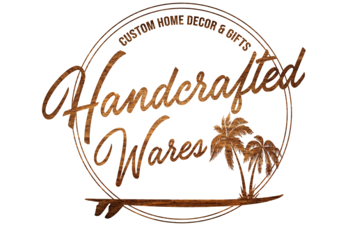 Rustic brown circular logo design featuring Handcrafted Wares text and palm trees.