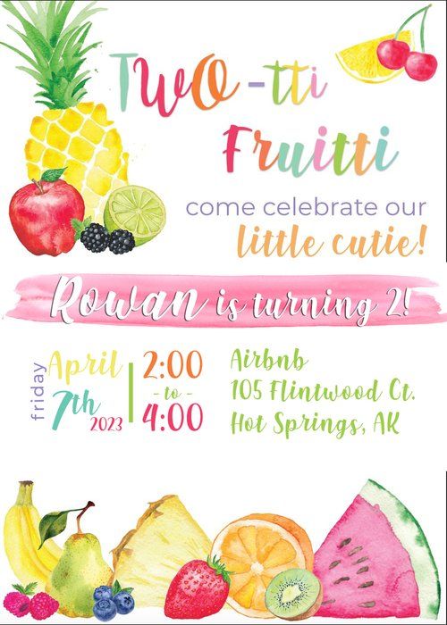 Colorful tropical fruit themed birthday party invitation with watercolor pineapple and watermelon design.