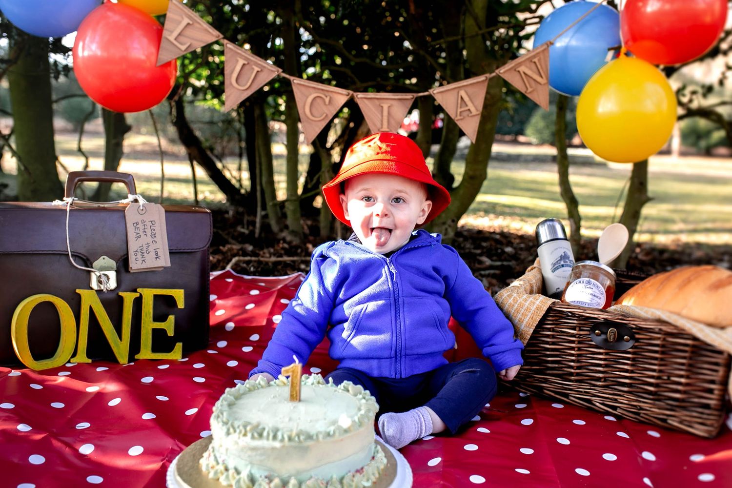 One year old boy dressed as Paddington Bear for his cakesmash photoshoot, sticking his tongue out for the camera