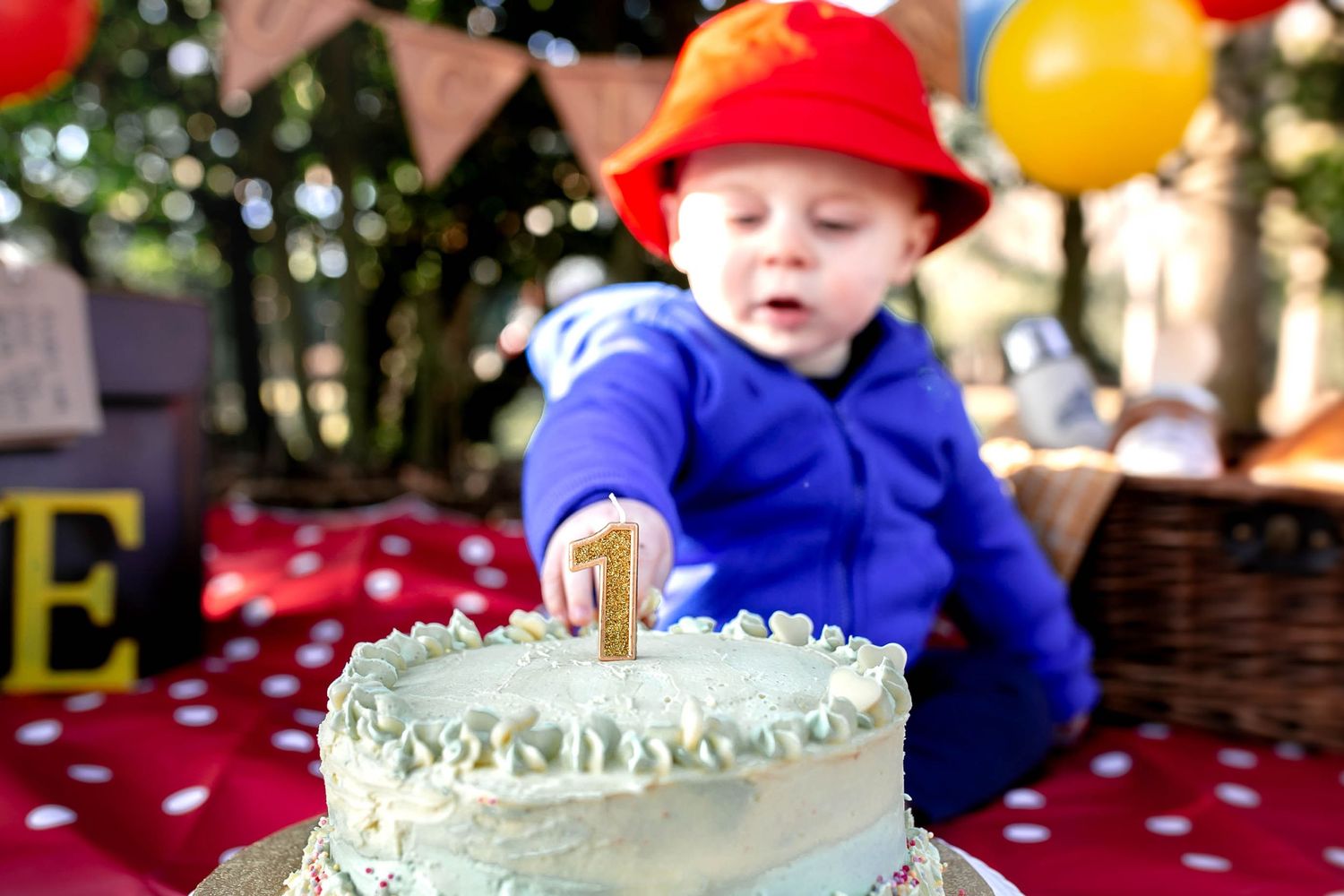 Little boy on his birthday dressed as Paddington for his cake smash photos, reaching forward to grab icing from the cake