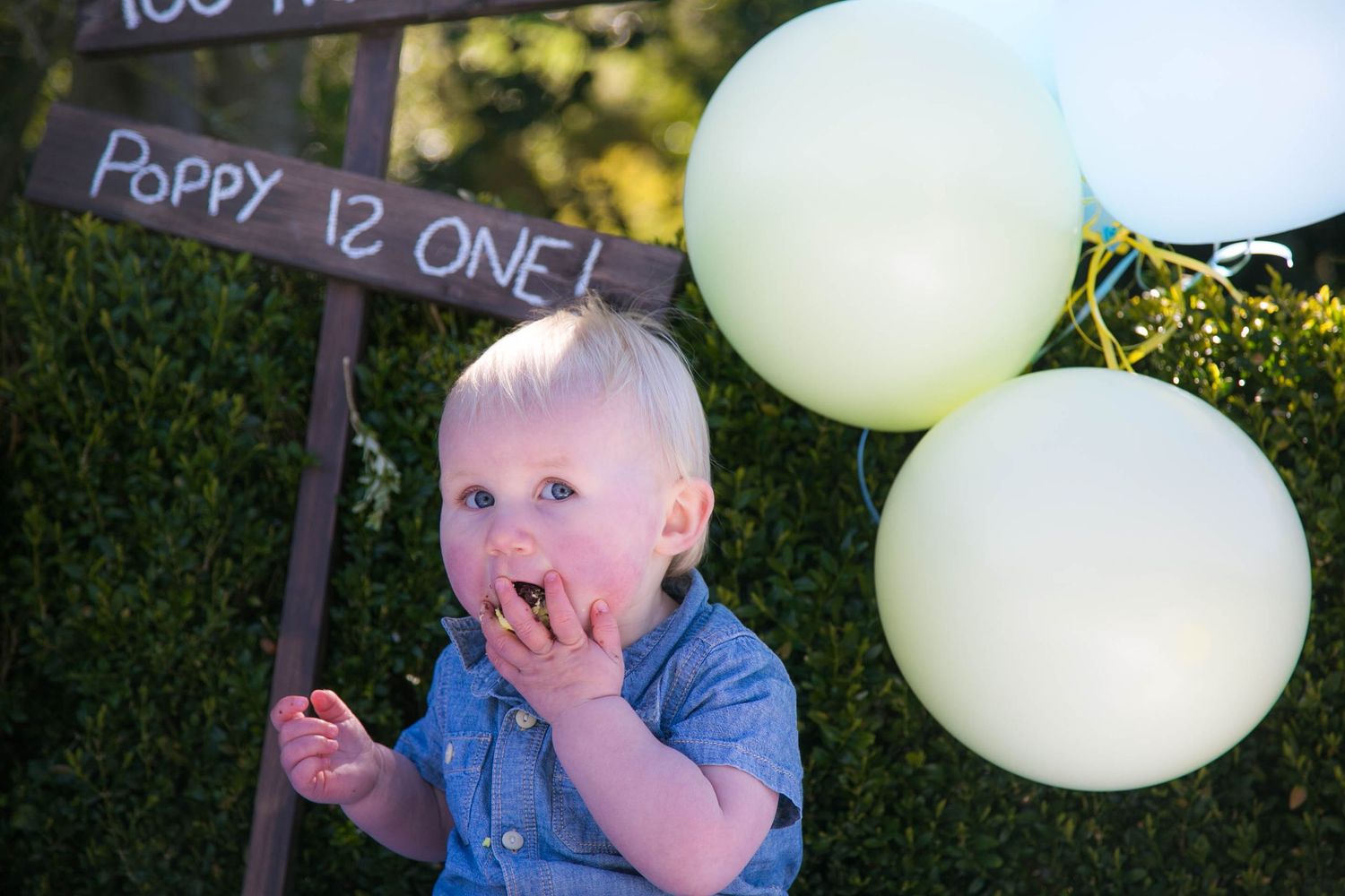 baby girl eating cake from her winnie the pooh themed outdoor cake smash photo shoot