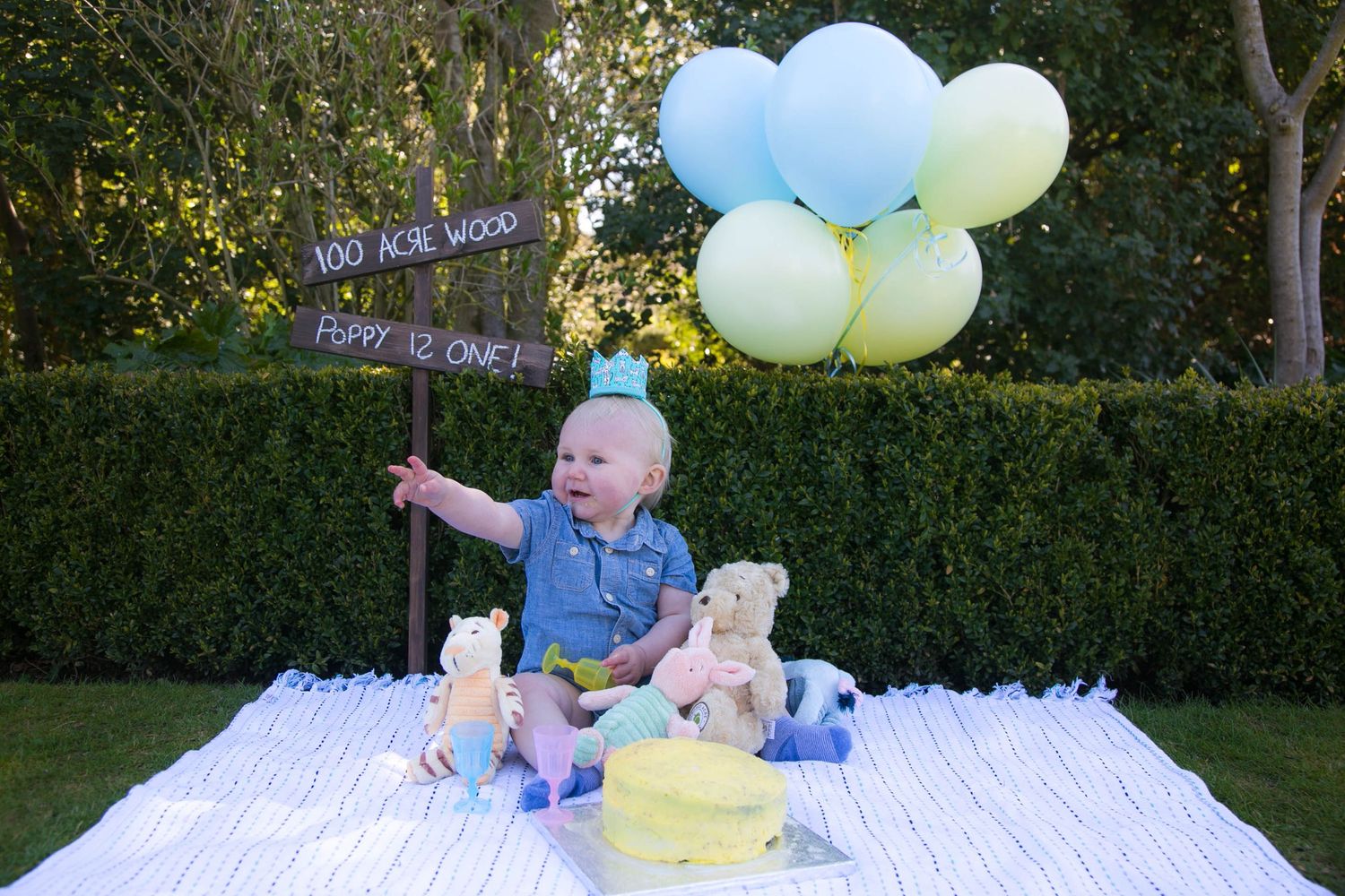baby girl in denim dress pointing to her right, wearing a blue crown during her winnie the pooh themed cake smash photo shoot