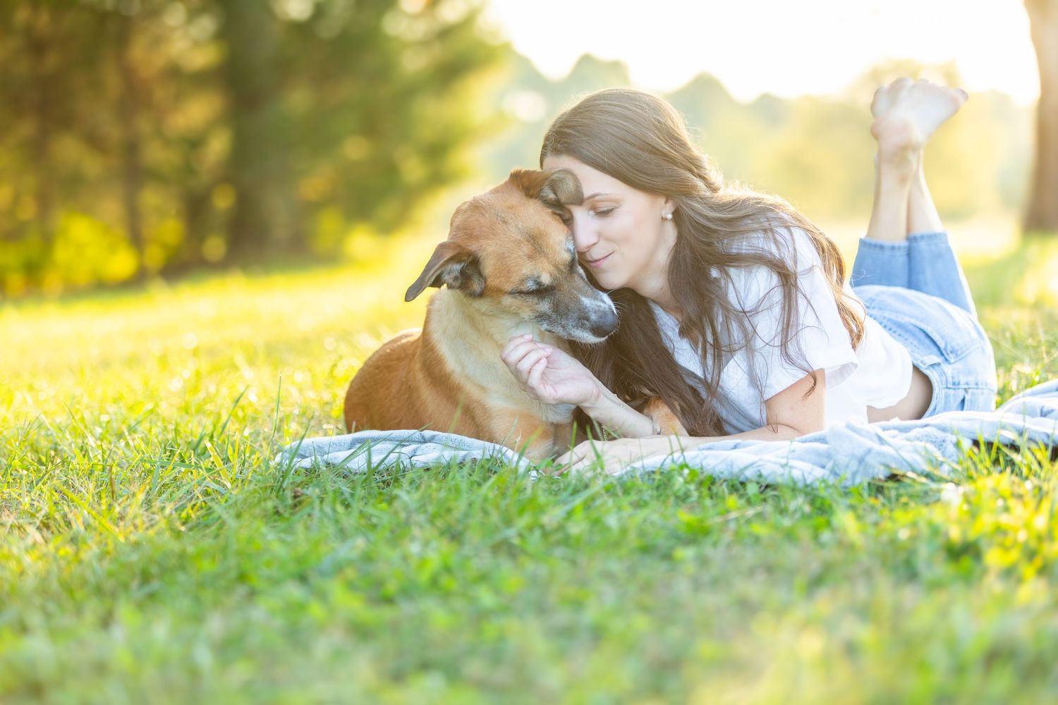 A person lies on a blanket in a sunny meadow snuggling with their brown dog.