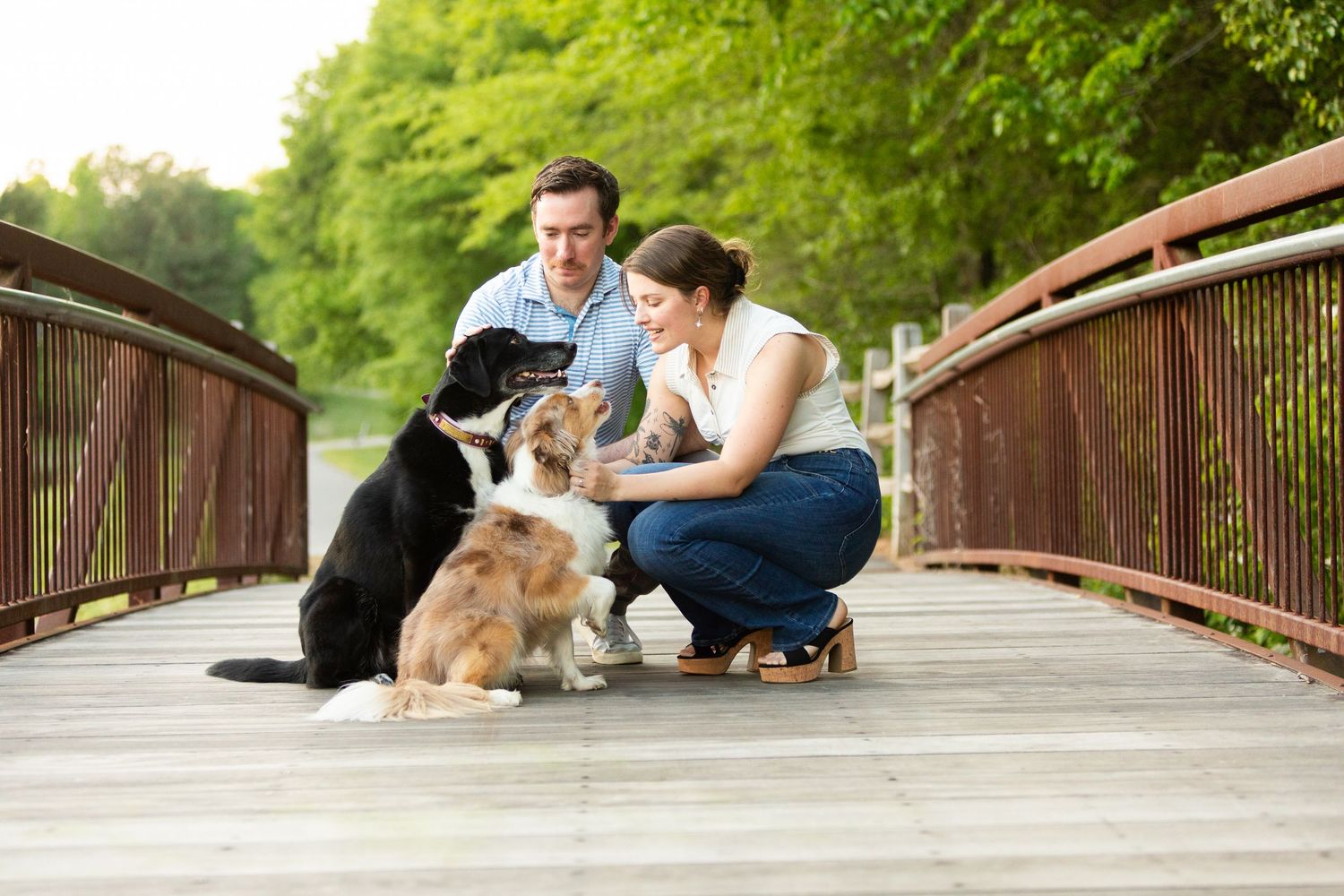 Two people crouching with their dogs on a wooden bridge in a park setting during a sunny day.