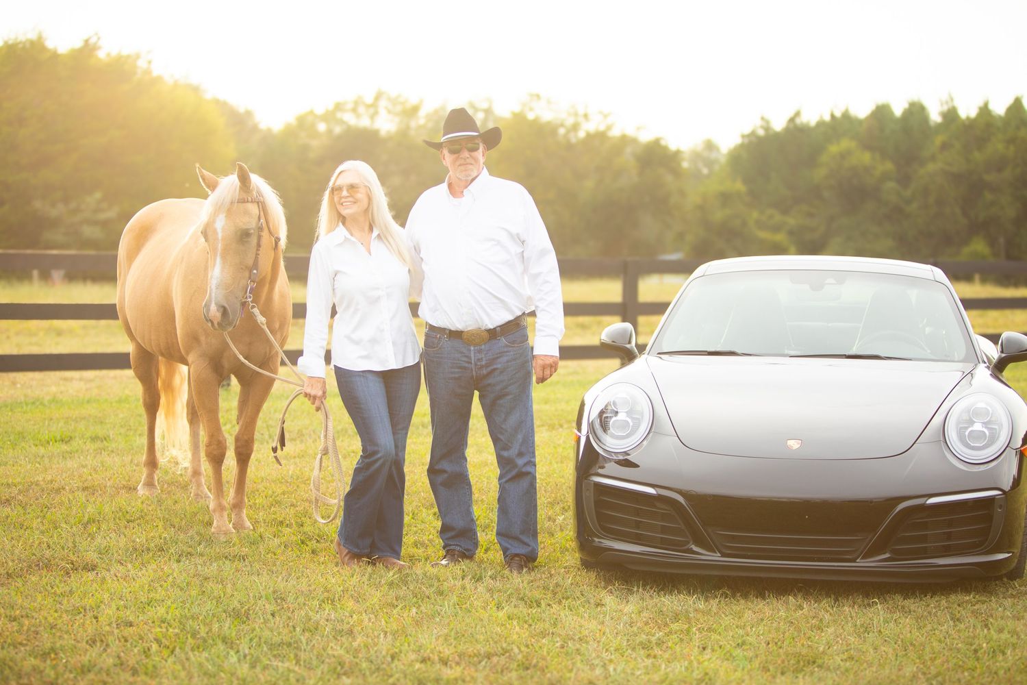 Horse and Porsche sports car parked together in golden sunlit field during sunset.