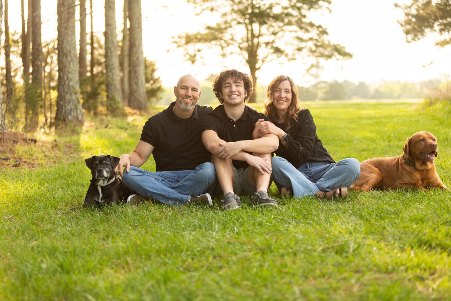 A group sits together on grass in a peaceful outdoor setting with two dogs beside them on a sunny afternoon.