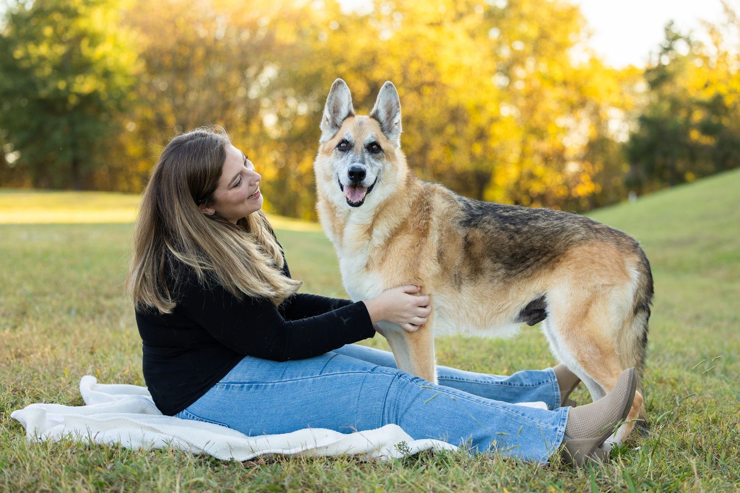 A dog and person relax together on a blanket in a sunny autumn field during golden hour.
