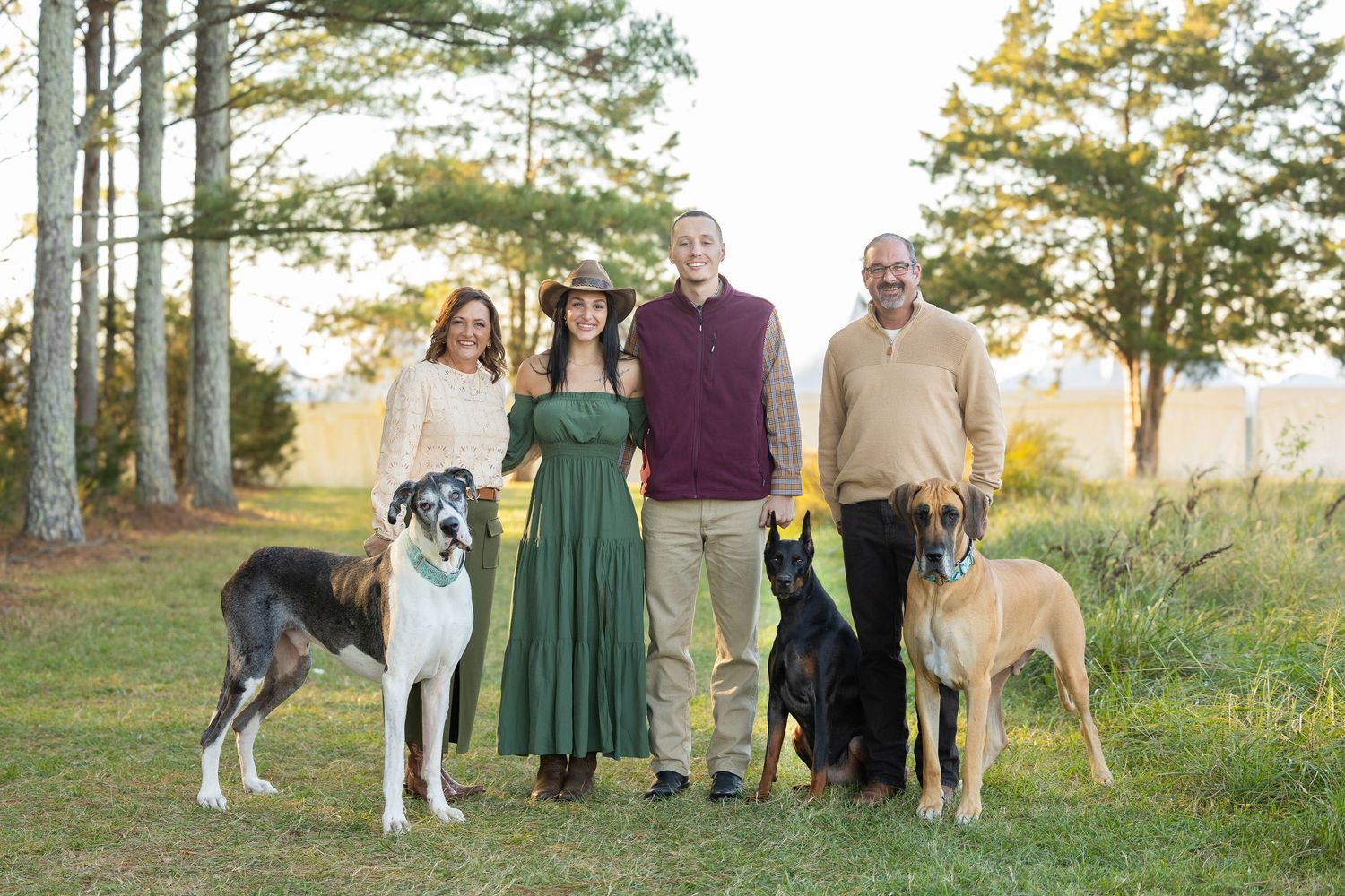 A group of people and dogs pose together in a grassy outdoor setting during golden hour.