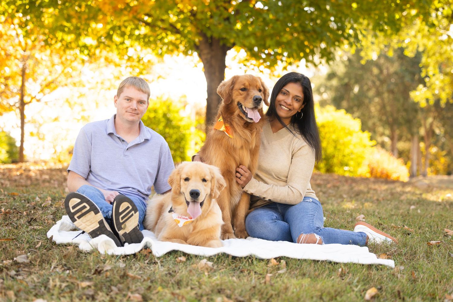 A couple sits on grass with their golden retriever during a warm autumn sunset photoshoot in the park.