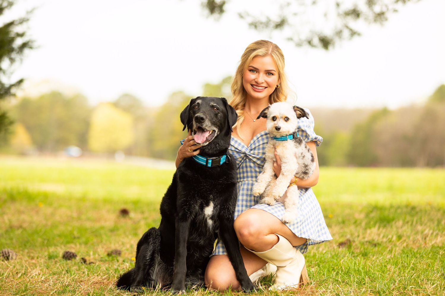 A person kneeling in a grassy field with a black retriever mix and small white dog on a sunny afternoon.