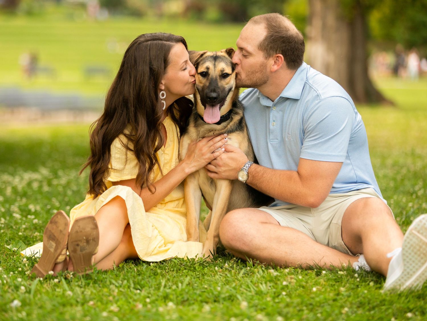 Couple sitting on grass showing affection to their German Shepherd dog in a park on a sunny day.