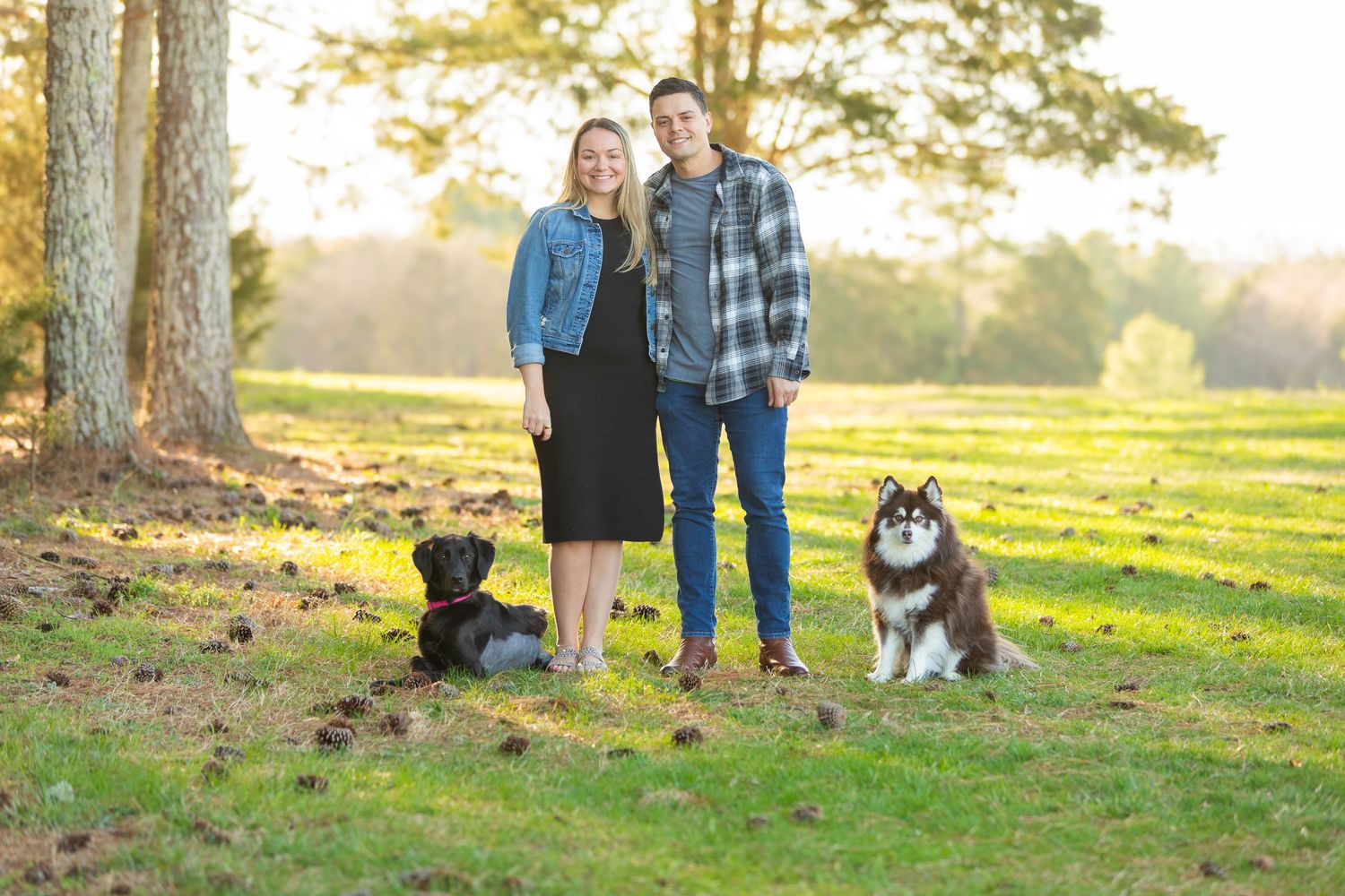 Two people and their dogs stand together on a grassy hill at sunset with tall trees in the background.