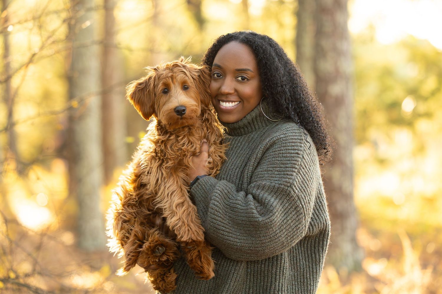 A person in a gray sweater hugs a brown goldendoodle dog in a sunlit autumn forest setting.