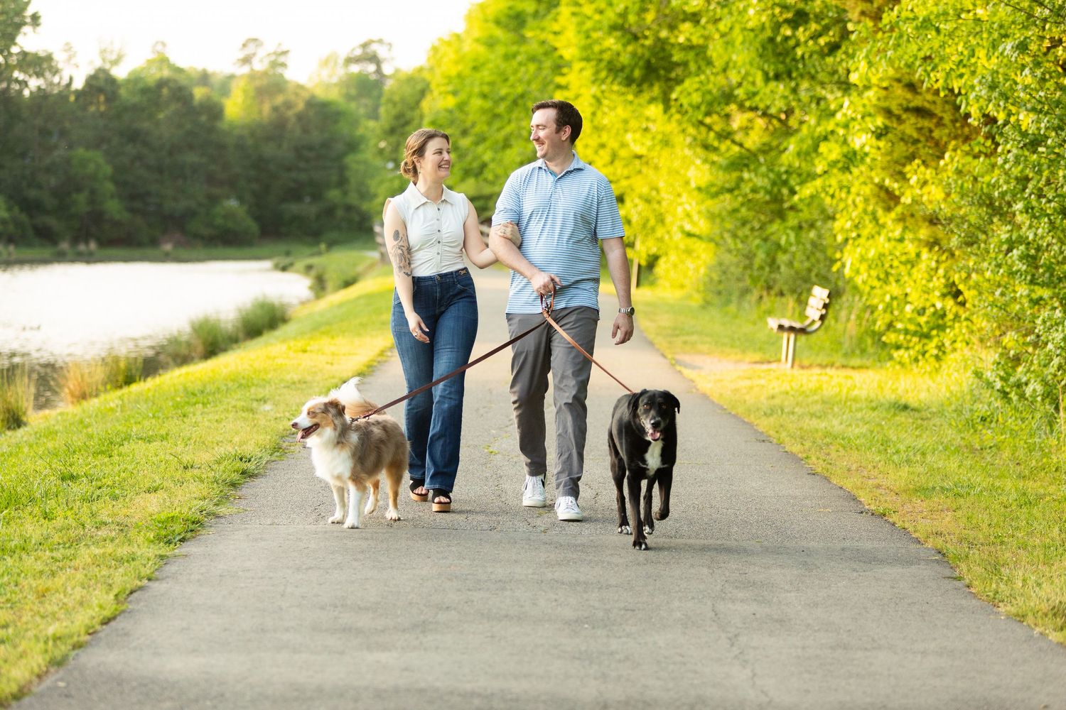 Two people jog on a path with their dogs on a sunny day surrounded by lush green trees and bushes near a lake.