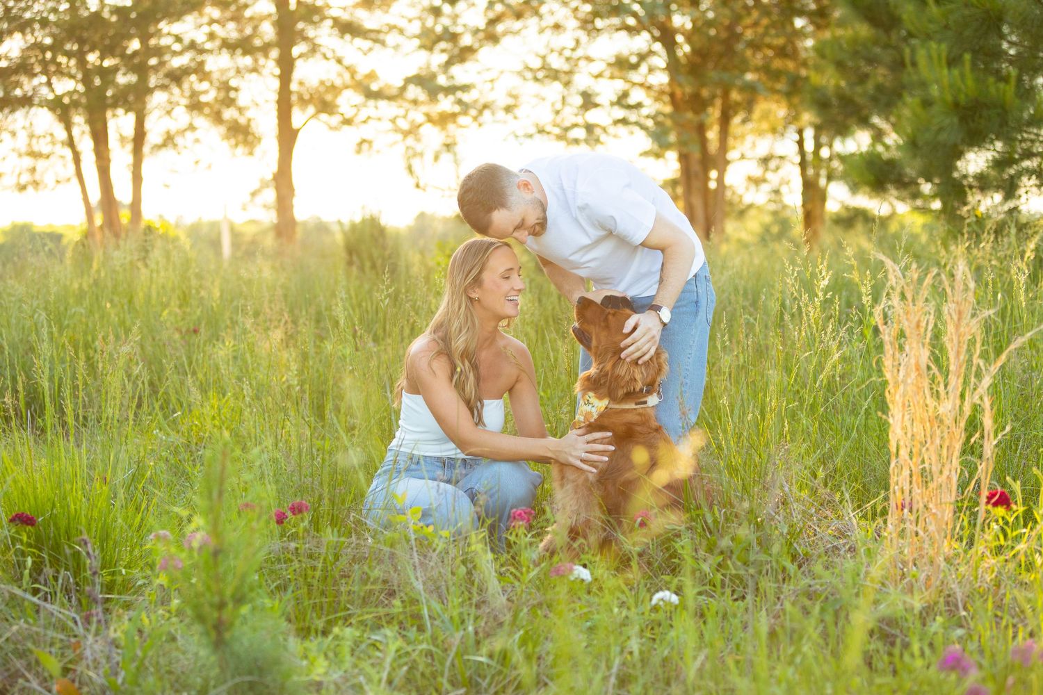 A couple sits with their dog in a sunlit meadow with tall grass and wildflowers during golden hour.