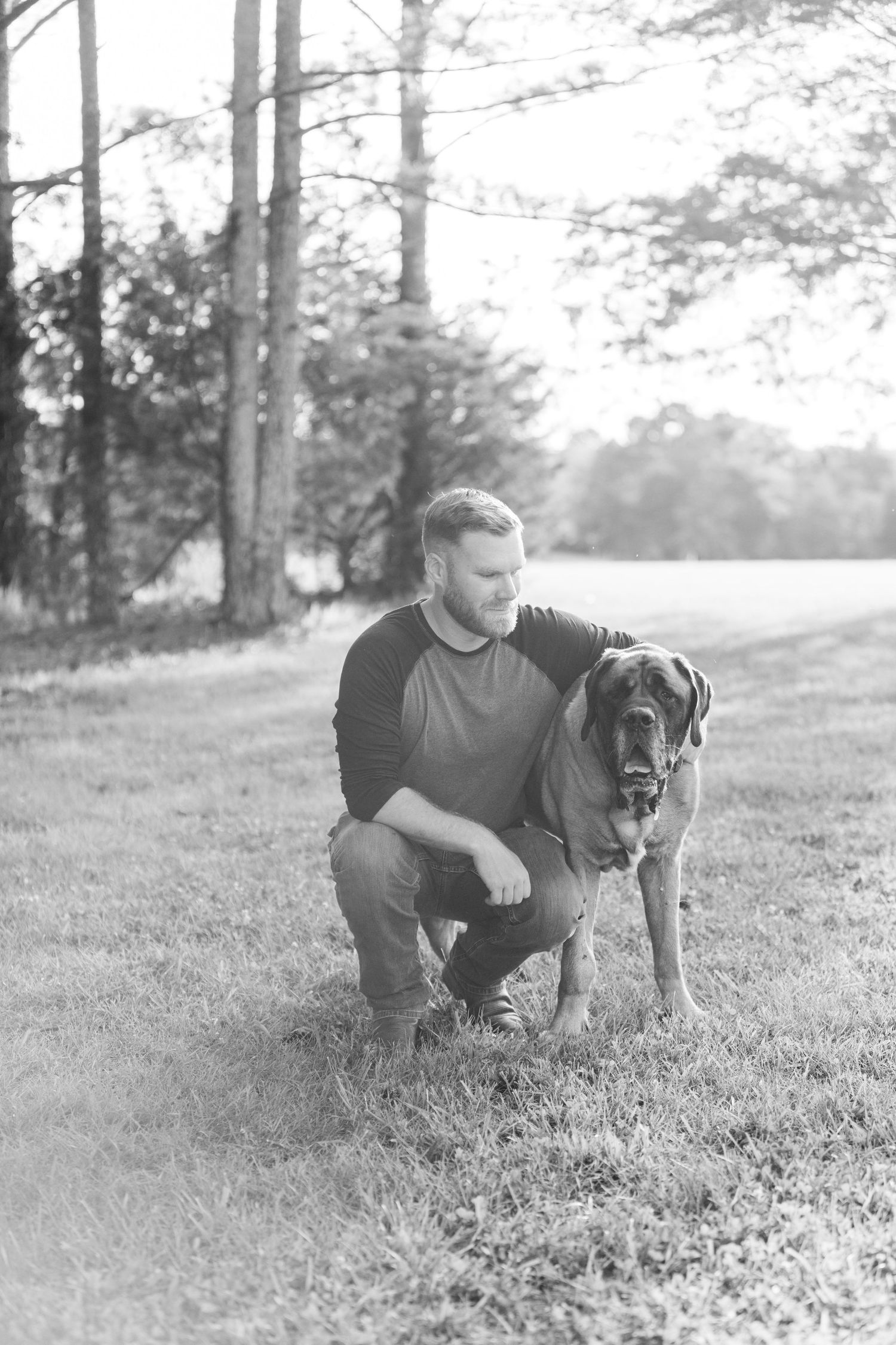 A black and white photo of someone crouching next to a large Mastiff dog in a grassy outdoor setting with trees.