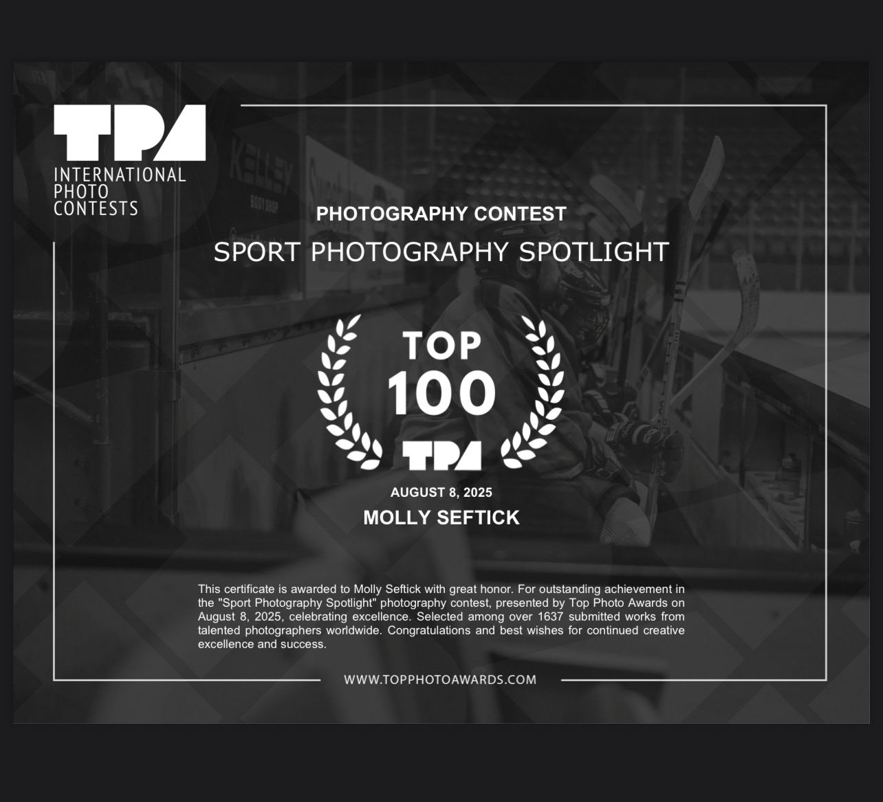 Black and white banner with TPA logo and photography contest information displayed in modern text layout.