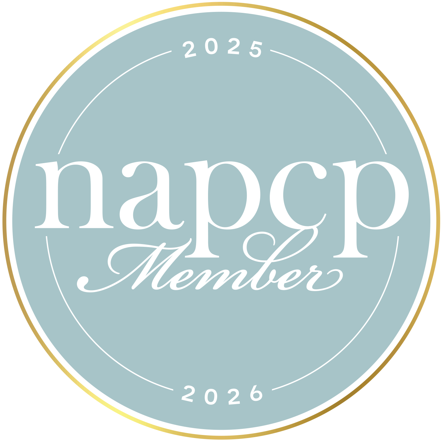 A light blue and gold circular NAPCP member badge for 2025-2026.