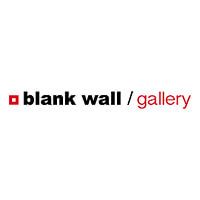 Simple logo design of the words 'blank wall gallery' with a red gallery text on a white background.