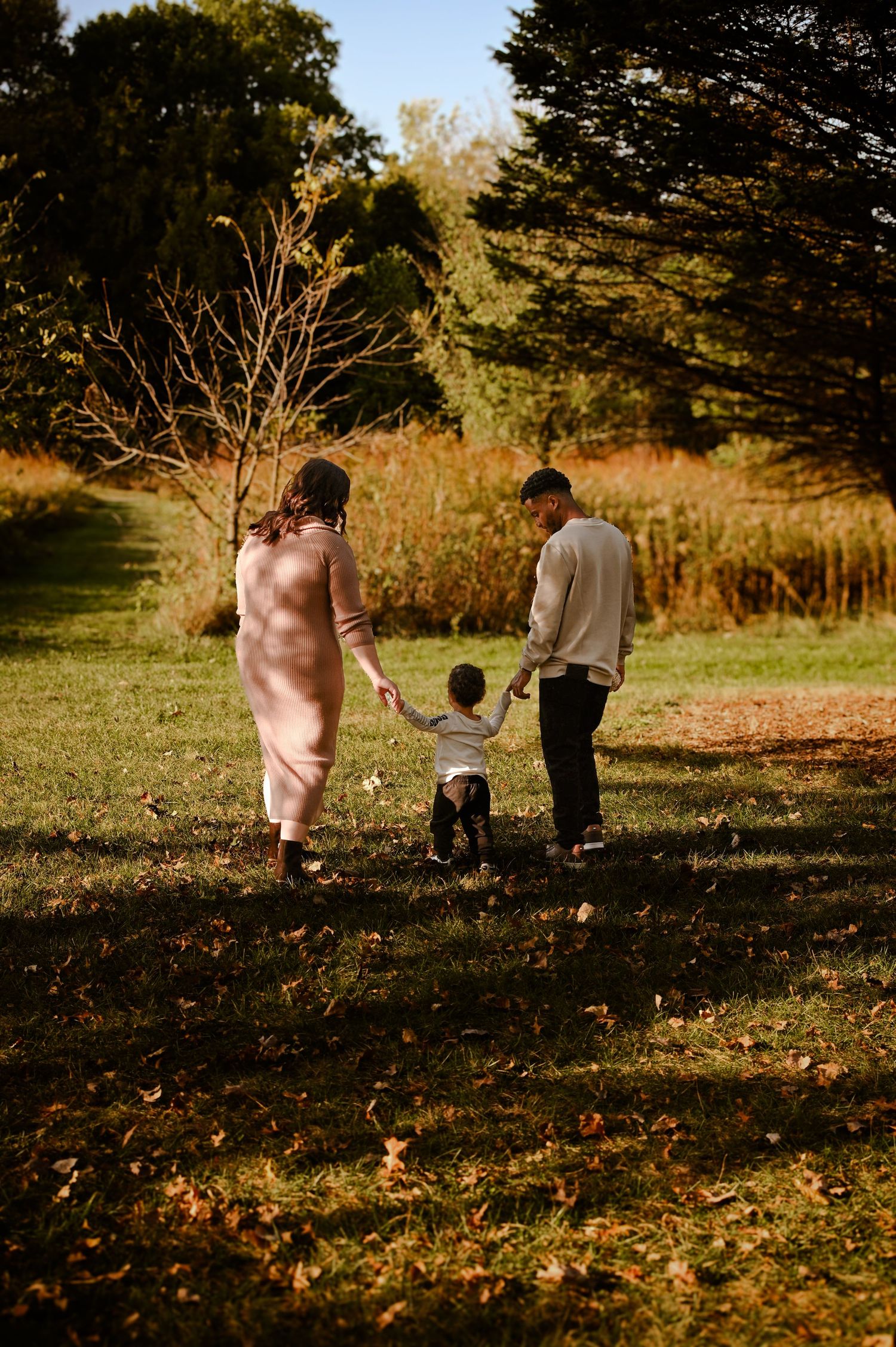 Family walking together through an autumn field at sunset.