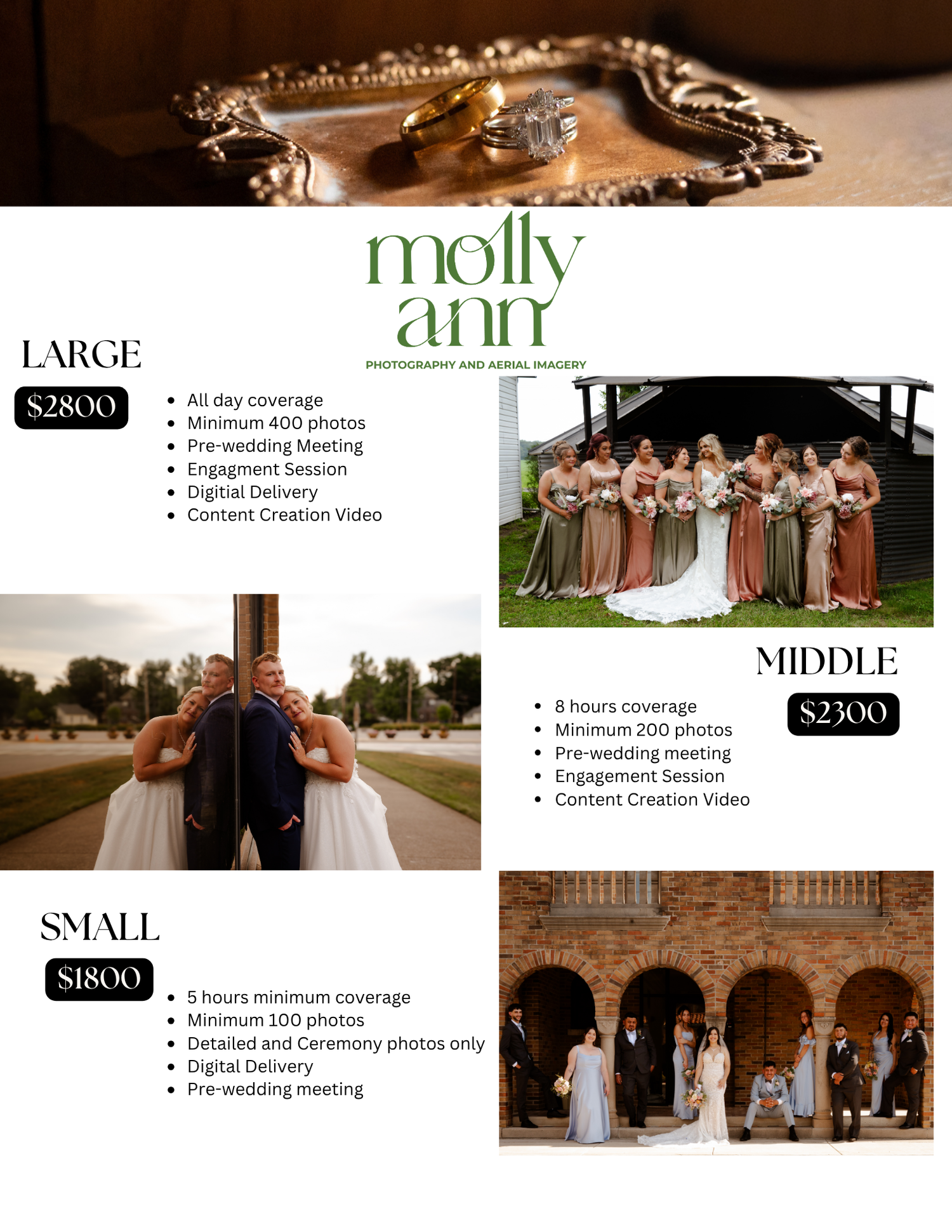 Wedding photography pricing guide by Molly Ann showing bridal party photos, packages from $1800 to $2800 with coverage details.