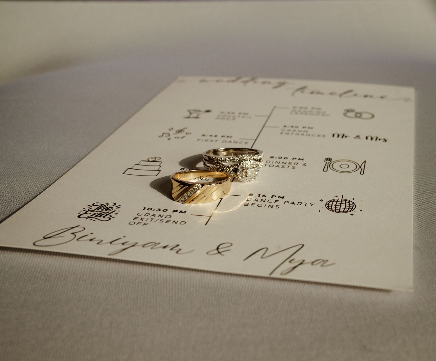A gold wedding ring rests on a paper with handwritten text and small sketches or doodles.