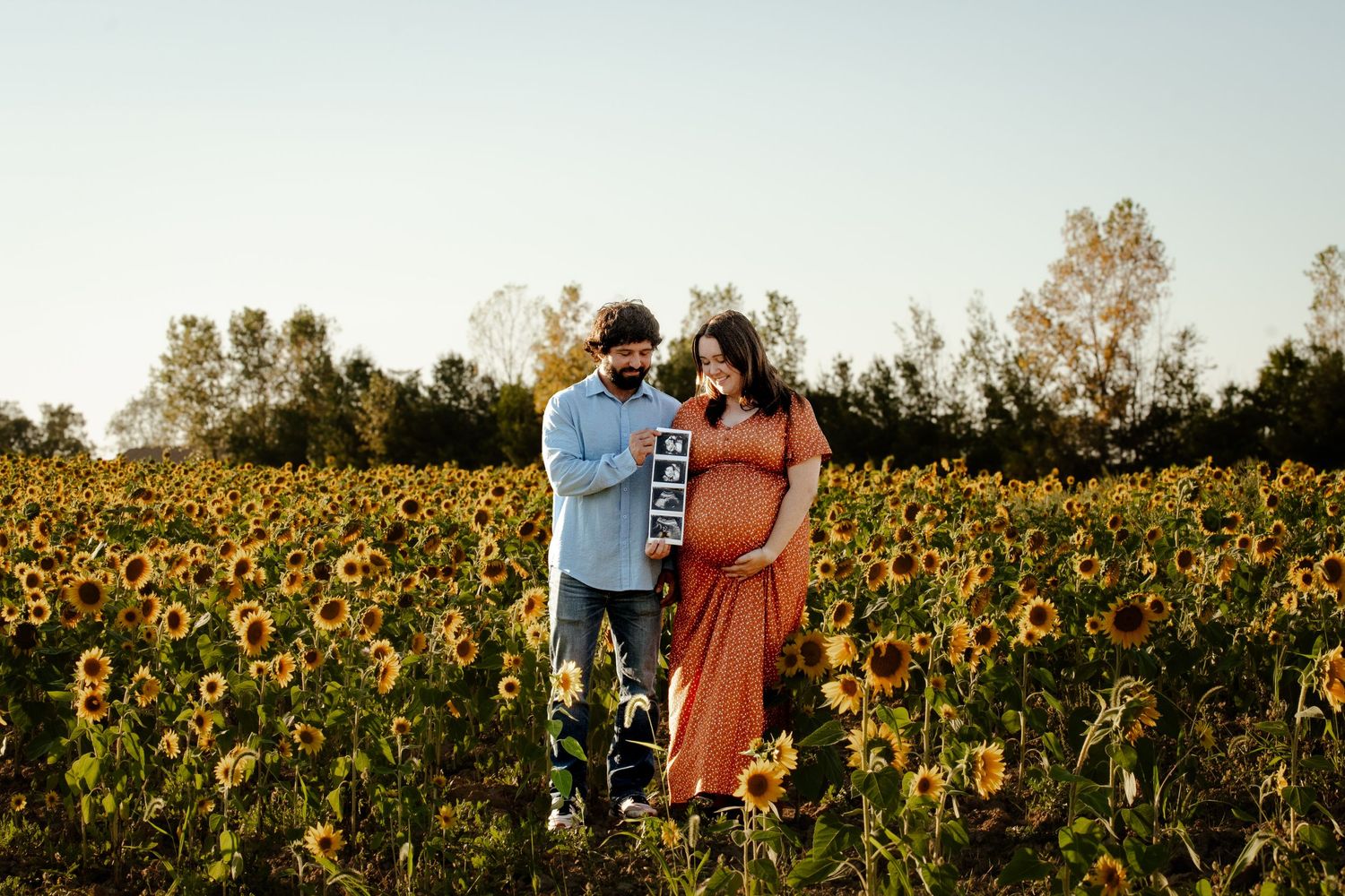 A romantic sunset moment in a field of blooming sunflowers.