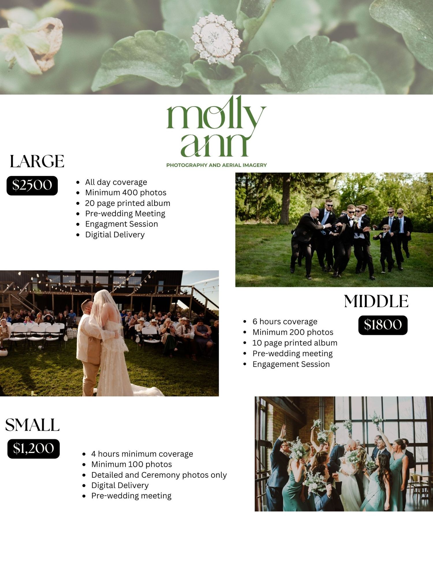 Photography wedding packages pricing guide showing three tiers with sample photos and pricing details for different coverage levels.