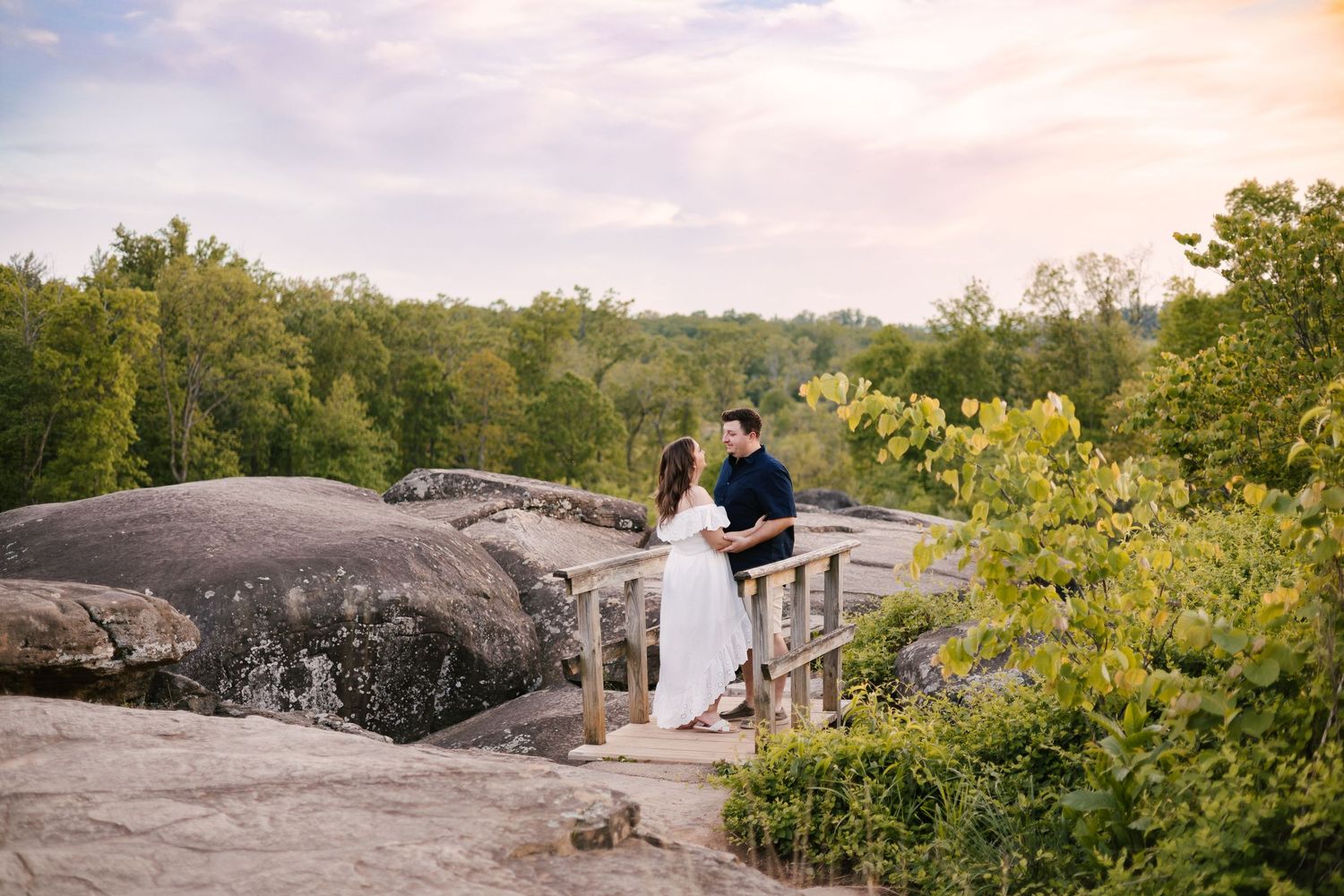 Panoramic view of rocky cliff edge with lush green trees in background.