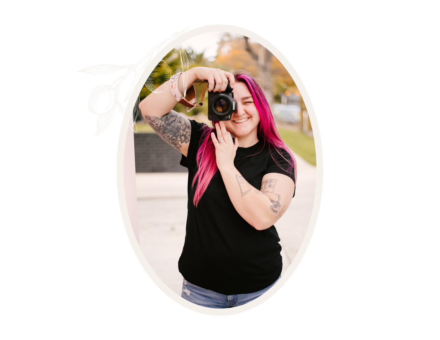 Series of circular headshots showing photographer with camera against natural backdrop.