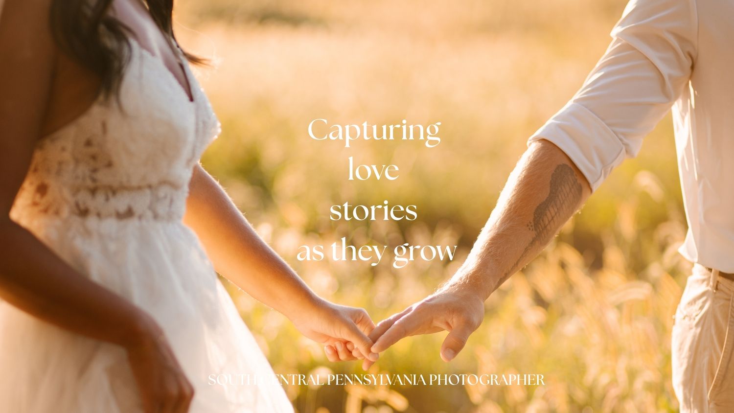 Two people in wedding attire hold hands in a golden sunlit field with overlaid text about capturing love stories.