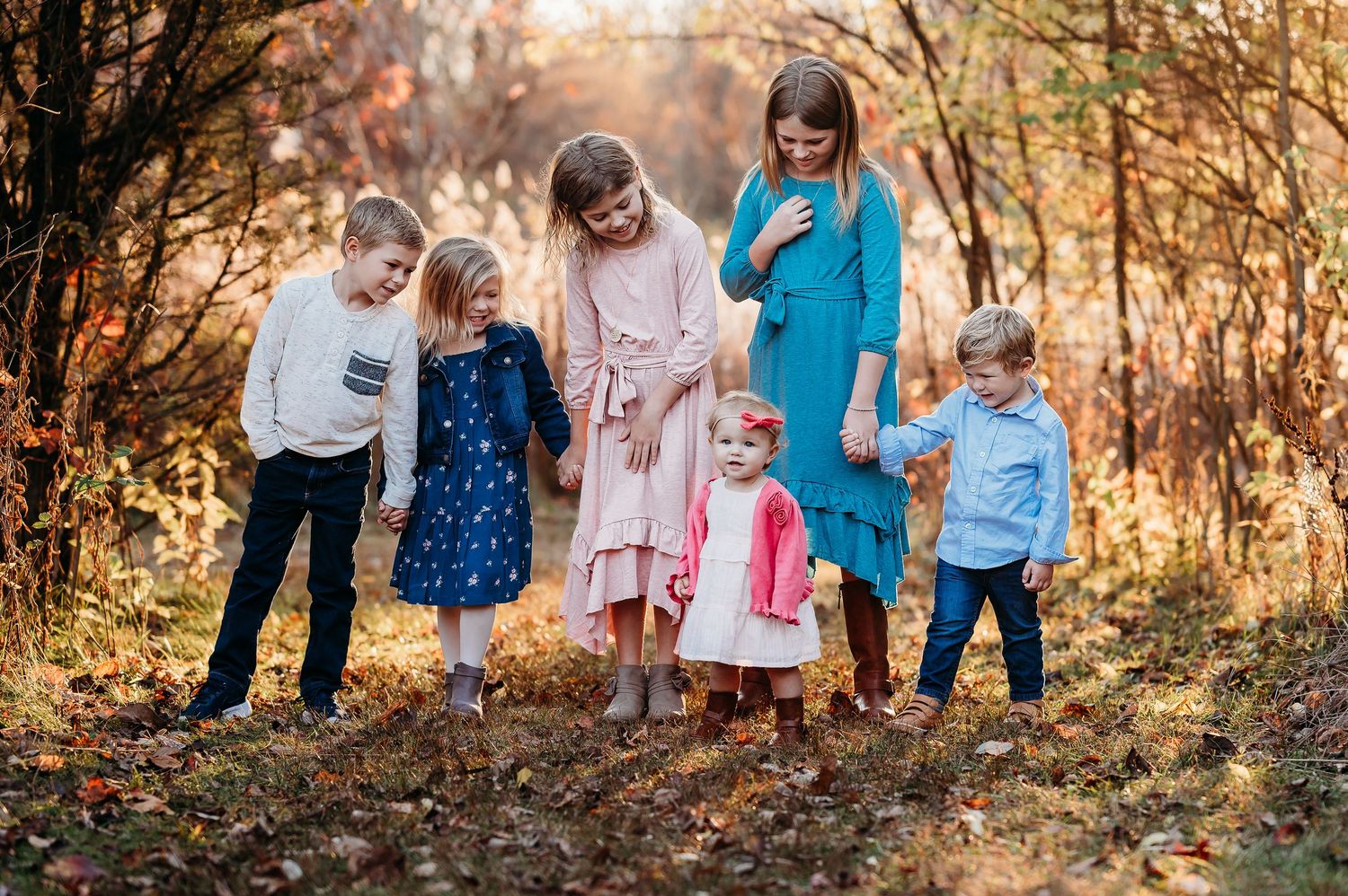 Six siblings pose together in a wooded area during an autumn photo session at Ritchey Woods Nature Preserve in Fishers, Indiana.