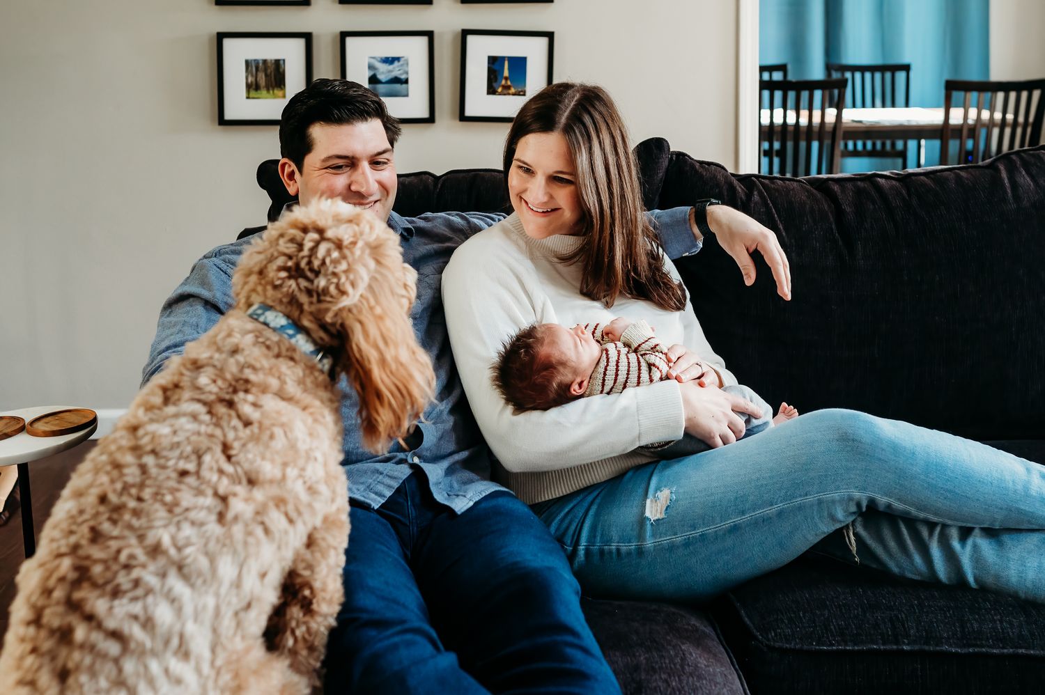 A couple relaxes on a couch with their goldendoodle dog while spending time together at home during Noblesville newborn photoshoot.