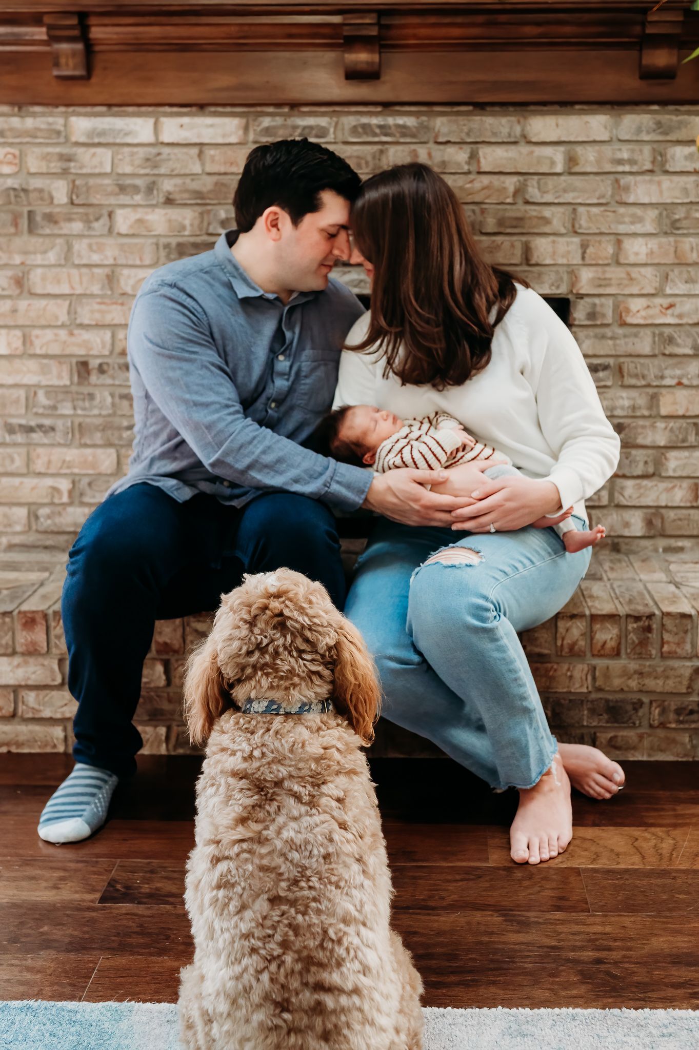 A couple sitting on brick fireplace with their baby while their fluffy goldendoodle dog watches from below.