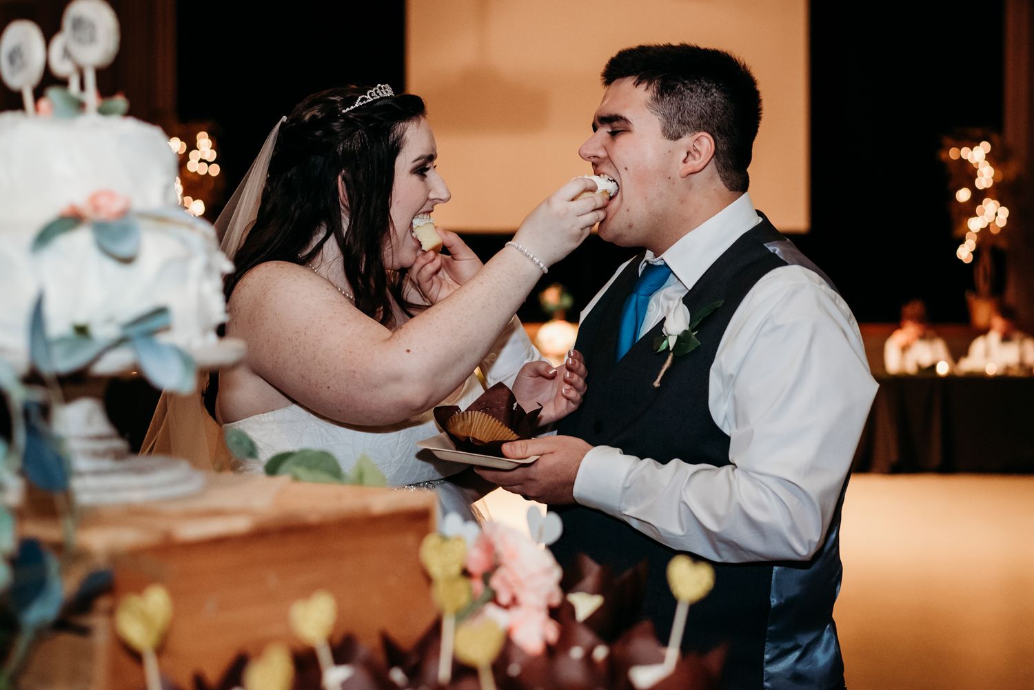 A series of candid wedding reception photos showing guests enjoying drinks and dancing in a dimly lit venue.
