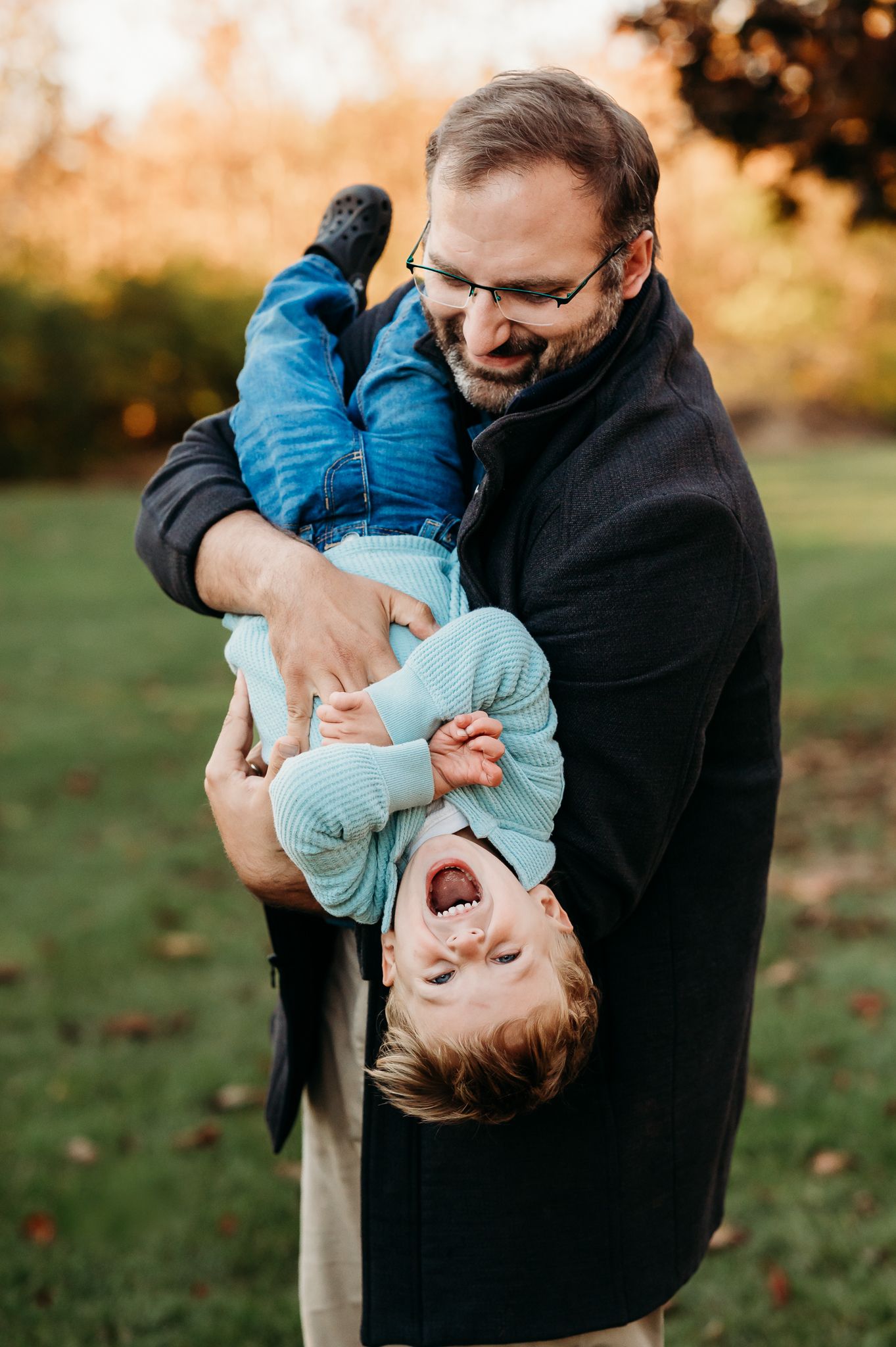 A playful sequence of family moments captured in an autumn setting with joyful expressions and laughter.