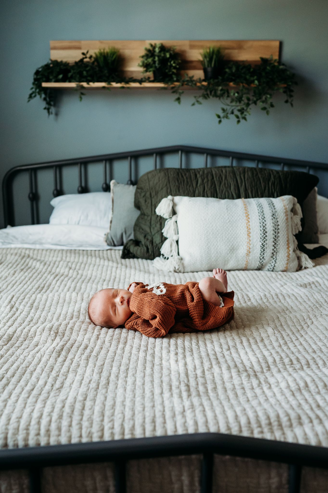 An Indiana baby in terracotta sweater lies on a textured  bedspread with white pillows and hanging plants above the headboard.