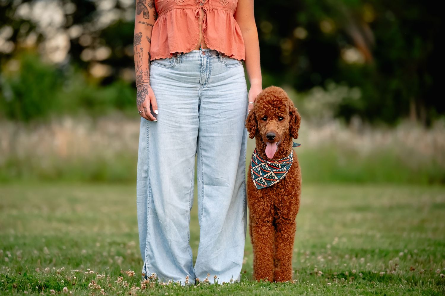 Woman in wide-leg jeans standing beside a fluffy brown poodle wearing a plaid bandana on green grass.
