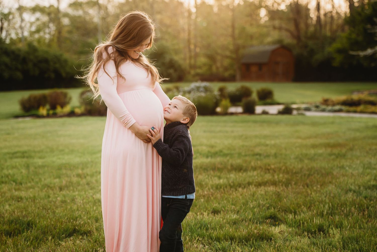 Mom and son during spring golden hour maternity session at Friendship Gardens in Plainfield, Indiana.