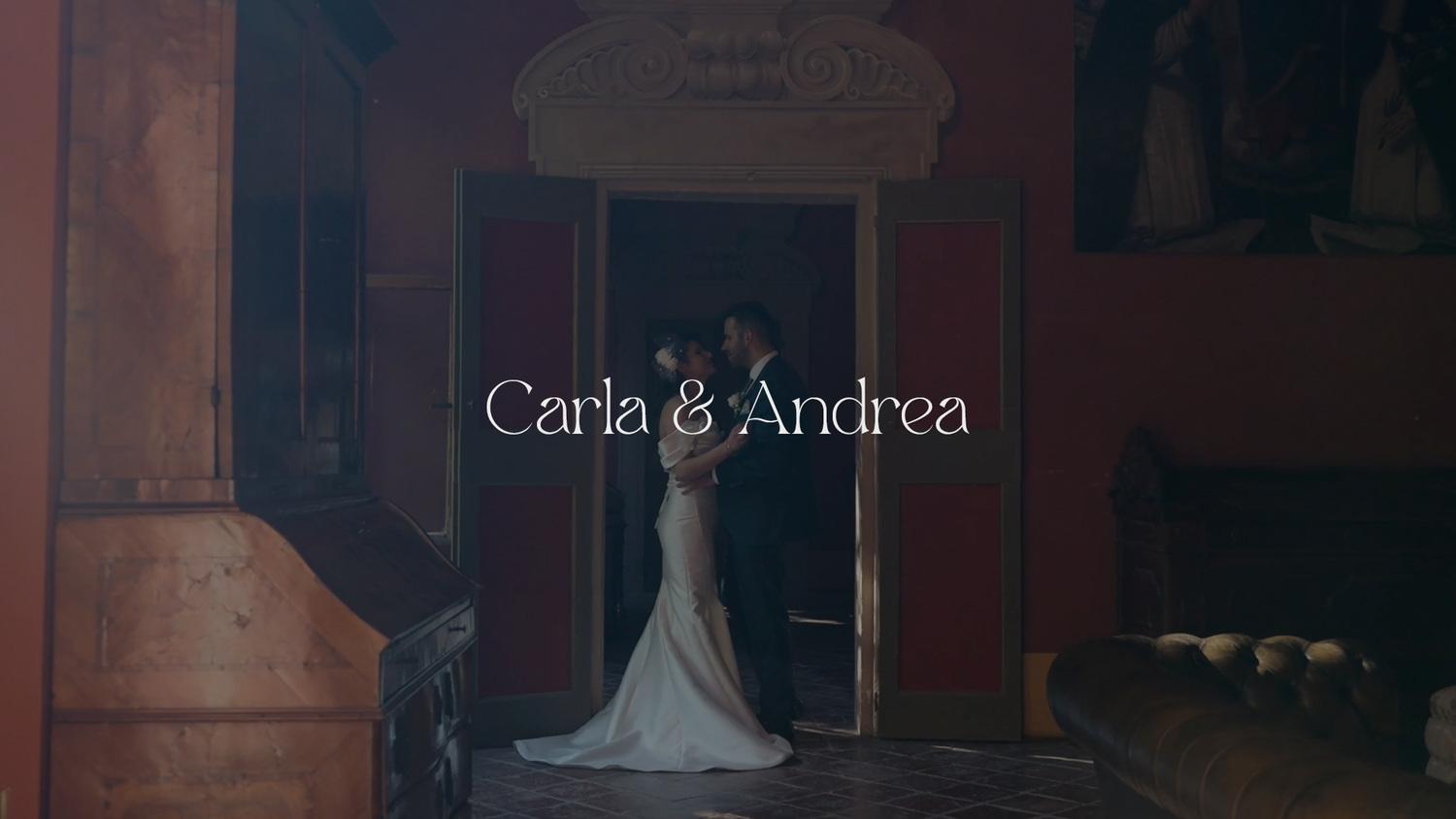 A white wedding dress silhouette stands gracefully against a dark doorway with text overlaying the scene.