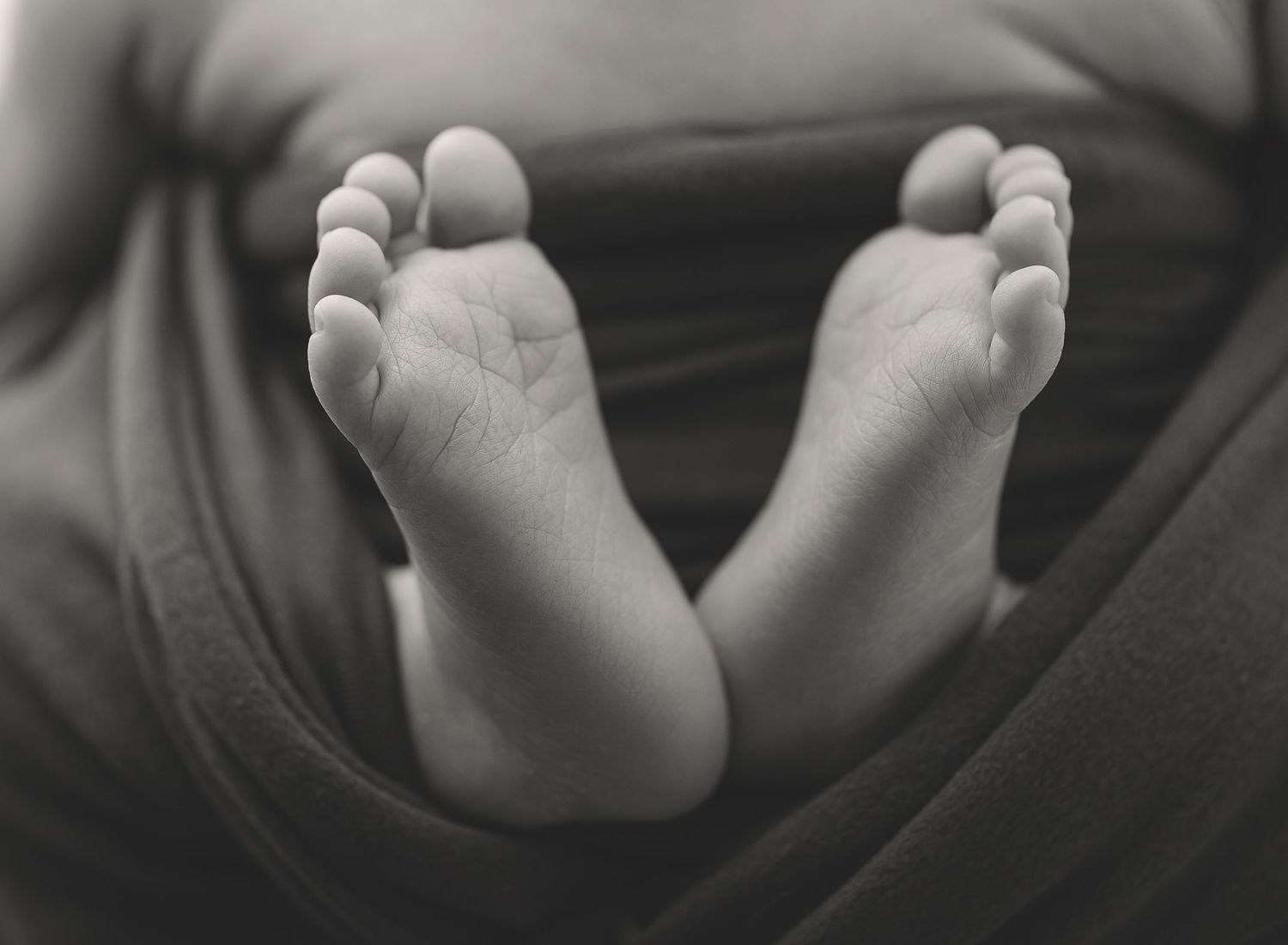 Black and white close-up photograph of tiny newborn baby feet resting on soft fabric.