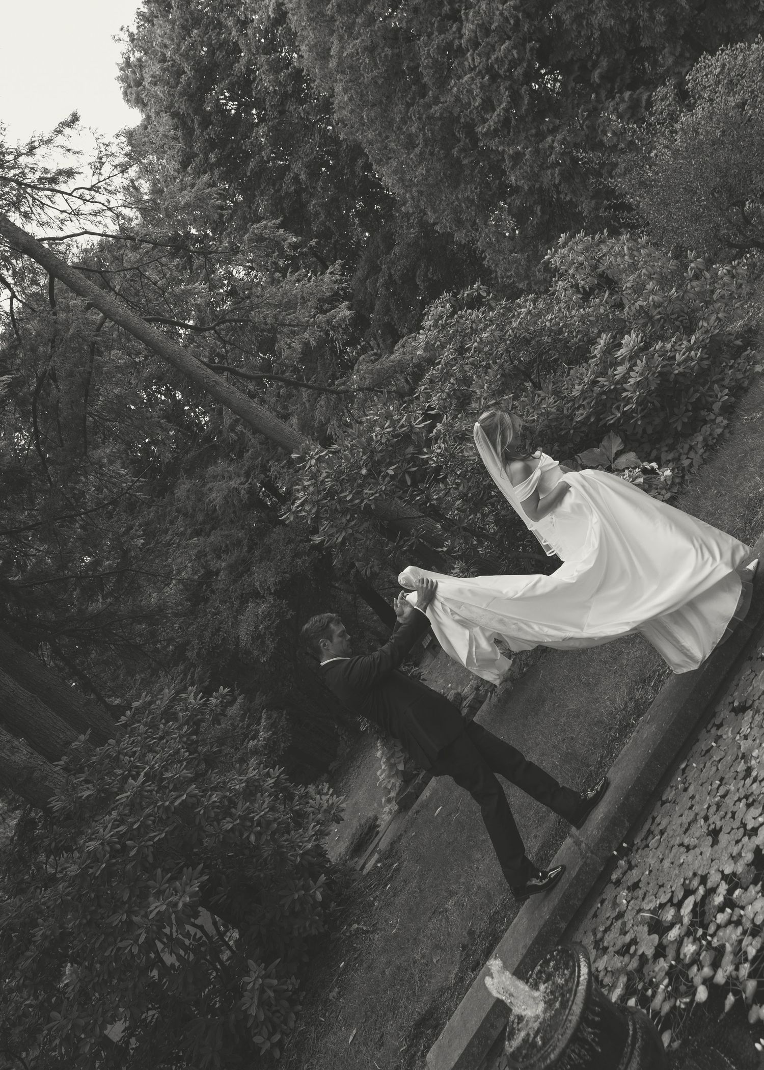 Black and white photo sequence of a bride swinging dramatically from a tree branch.