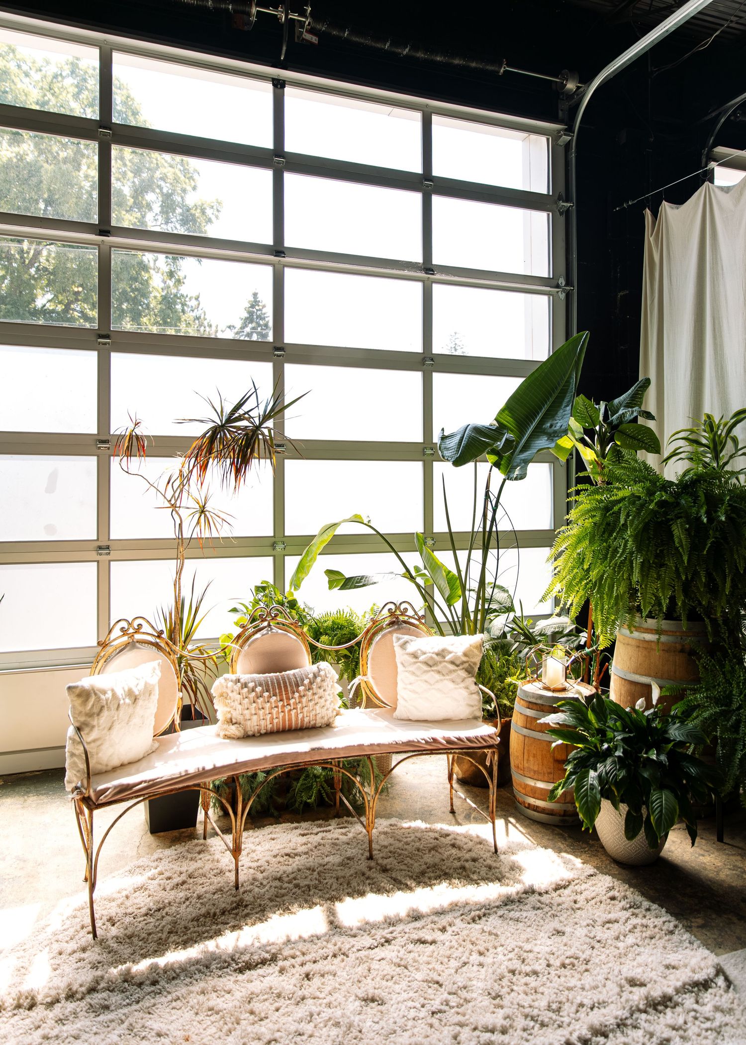 Modern sunlit seating area with vintage bench, plants and large industrial windows.