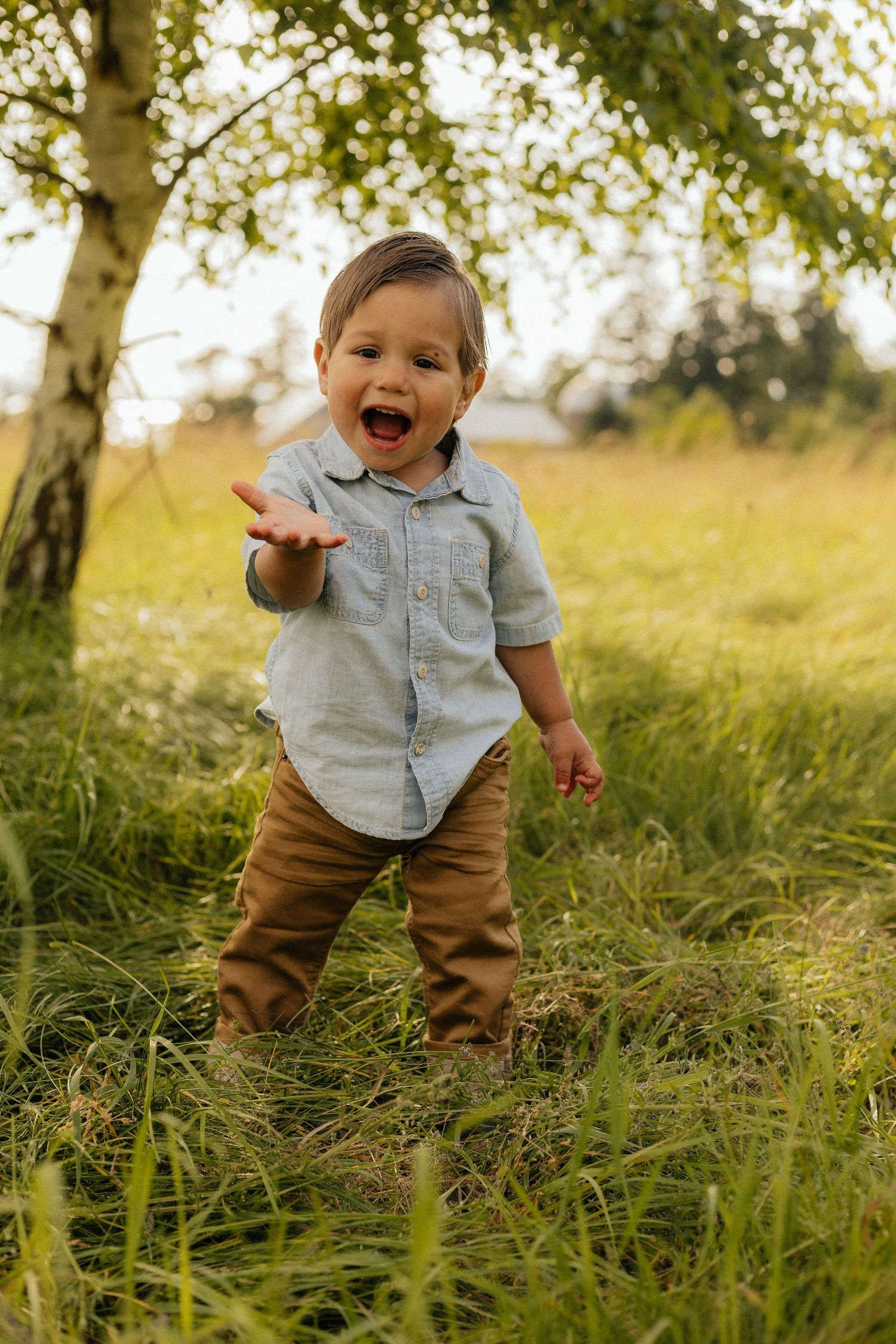 A small child in brown pants and gray shirt plays joyfully in tall grass during golden hour sunlight.